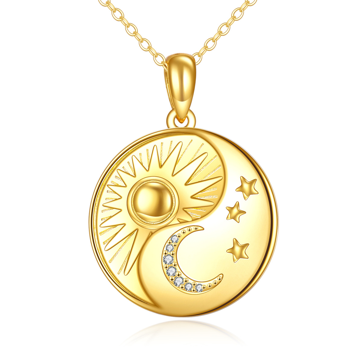 Collar con colgante de plata de ley con circonita cúbica chapada en oro amarillo, luna, estrella y sol para mujer-1