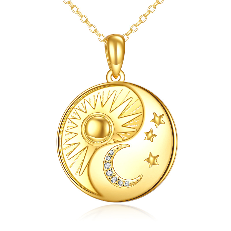 Sterling Silver With Yellow Gold Plated Cubic Zirconia Moon Star Sun Pendant Necklace For Women-10