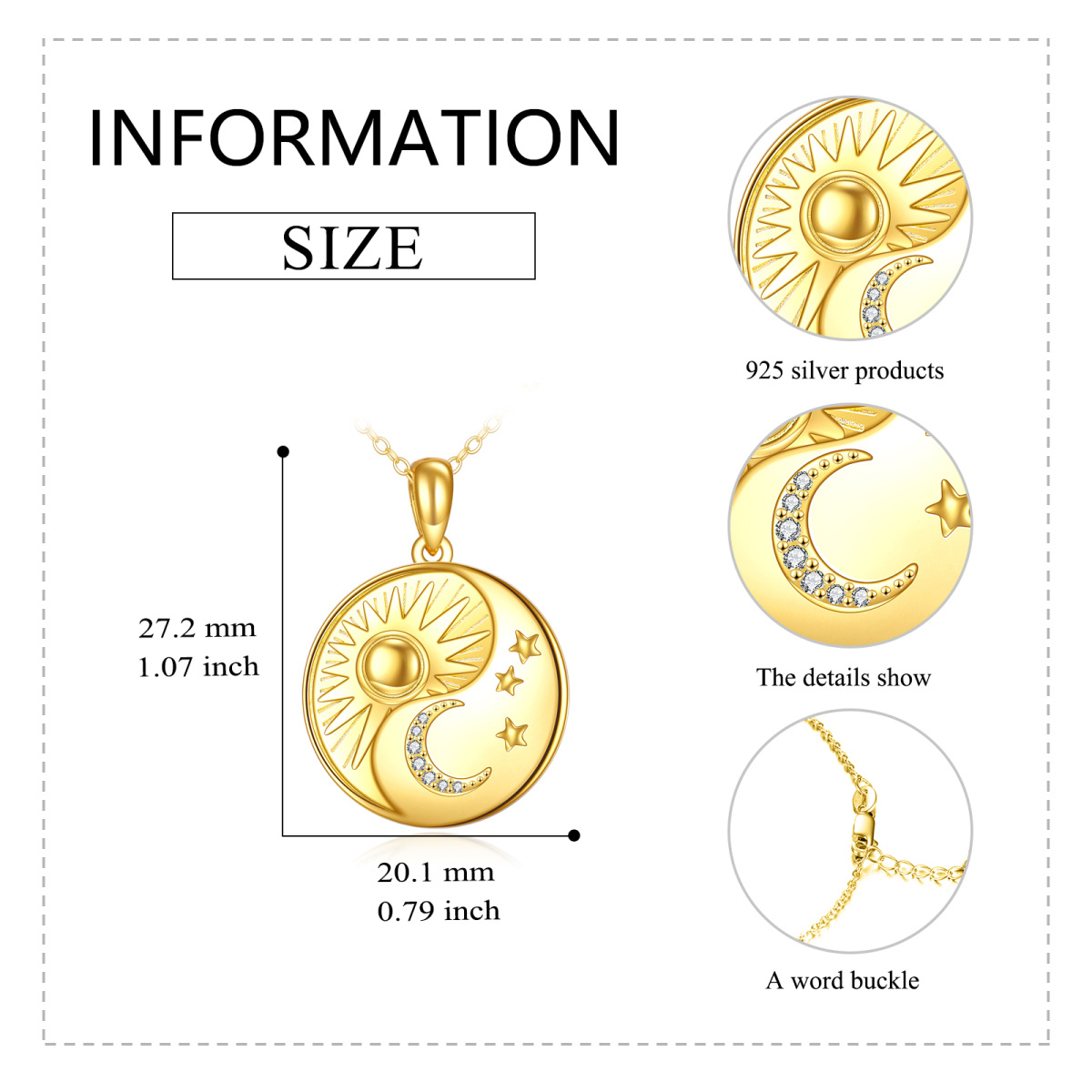 Sterling Silver With Yellow Gold Plated Cubic Zirconia Moon Star Sun Pendant Necklace For Women-5