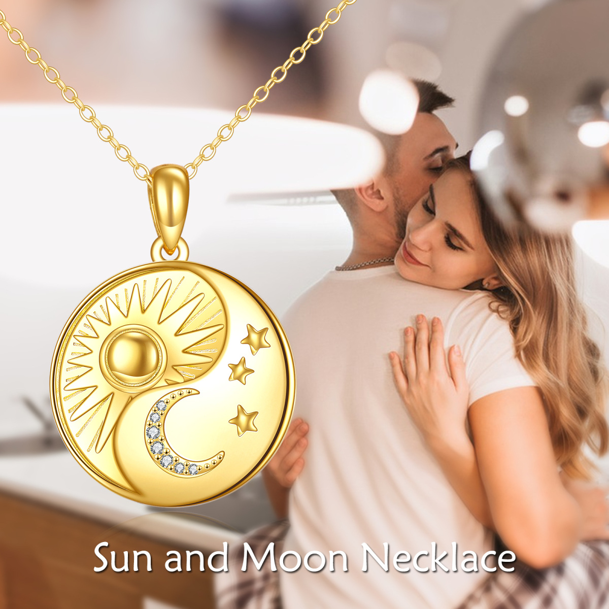 Sterling Silver With Yellow Gold Plated Cubic Zirconia Moon Star Sun Pendant Necklace For Women-6