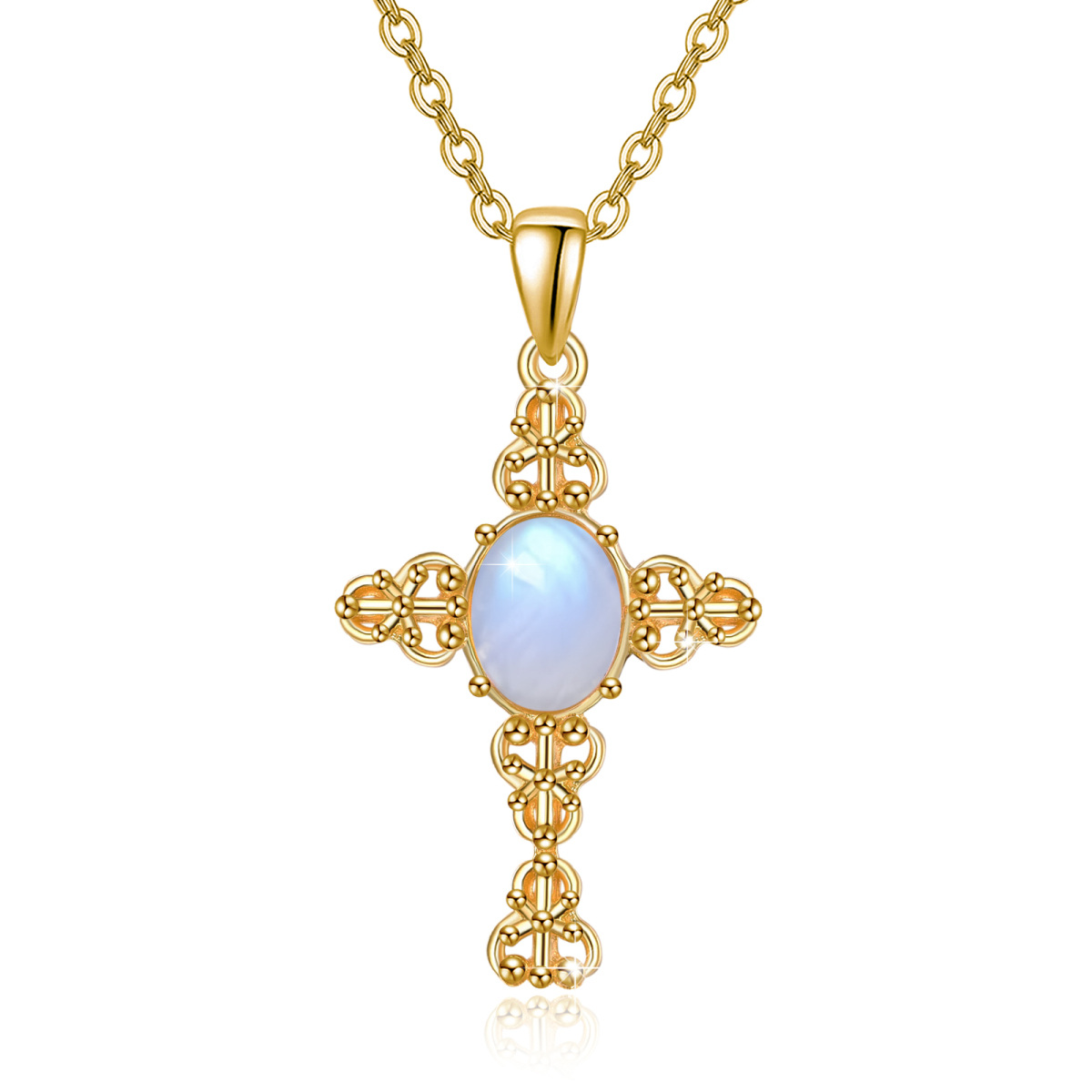 Sterling Silver with Yellow Gold Plated Circular Shaped Moonstone Cross Pendant Necklace-1