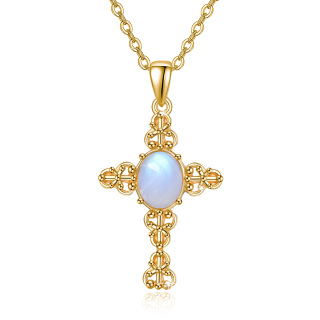 Sterling Silver with Yellow Gold Plated Circular Shaped Moonstone Cross Pendant Necklace-1