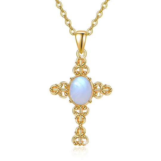 Sterling Silver with Yellow Gold Plated Circular Shaped Moonstone Cross Pendant Necklace