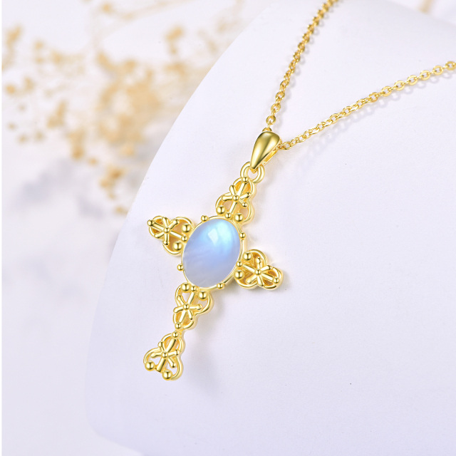 Sterling Silver with Yellow Gold Plated Circular Shaped Moonstone Cross Pendant Necklace-4