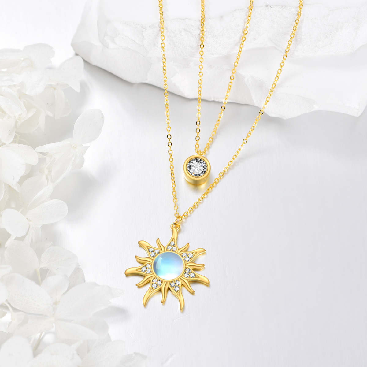 Sterling Silver with Yellow Gold Plated Circular Shaped Moonstone Sun Layered Necklace-4