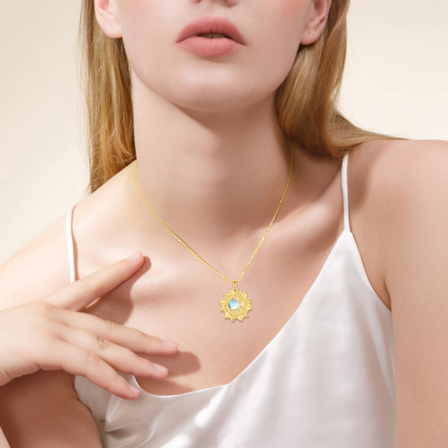 Sterling Silver with Yellow Gold Plated Circular Shaped Moonstone Sun Pendant Necklace-2