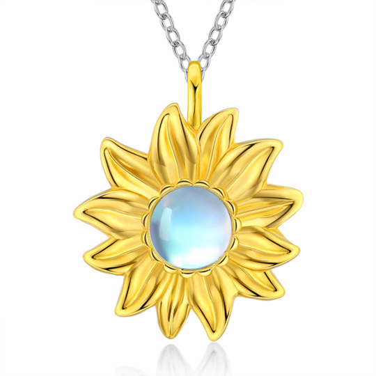 Sterling Silver with Yellow Gold Plated Circular Shaped Moonstone Sunflower Pendant Necklace