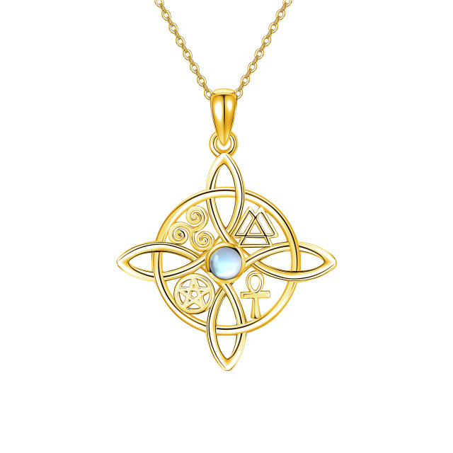 Collana con ciondolo a forma di pietra lunare circolare placcata in oro giallo in argento sterling con nodo da strega-1