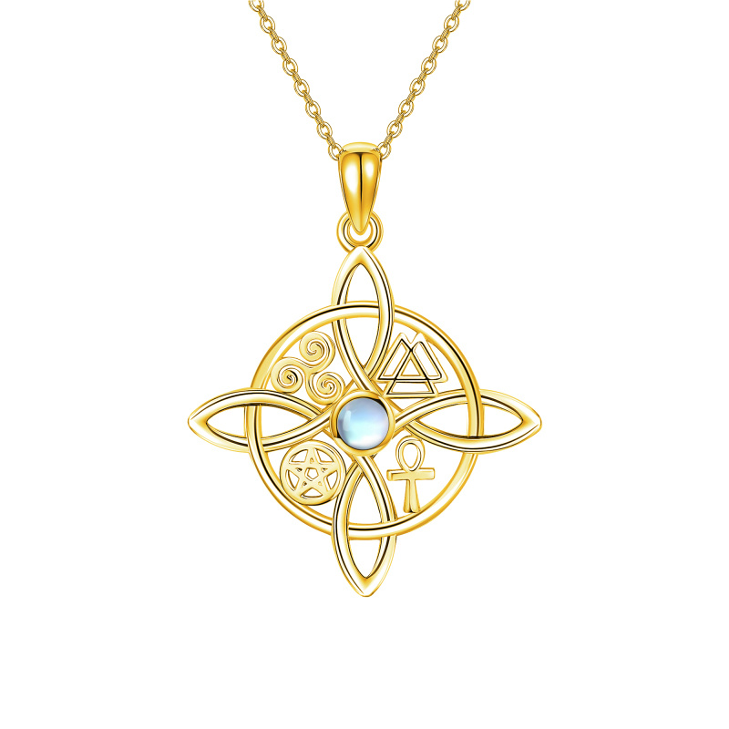 Sterling Silver with Yellow Gold Plated Circular Shaped Moonstone Witch Knot Pendant Necklace-1