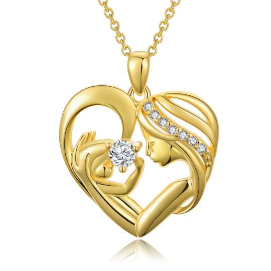 Sterling Silver with Yellow Gold Plated Circular Shaped Cubic Zirconia Mother & Heart Pendant Necklace