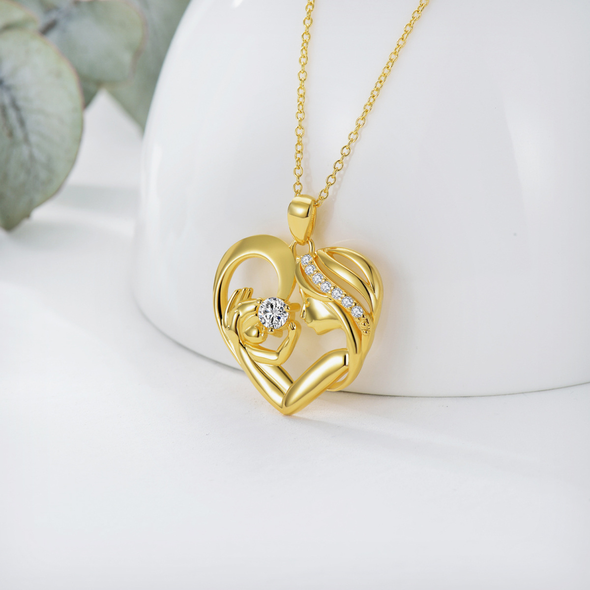 Sterling Silver with Yellow Gold Plated Circular Shaped Cubic Zirconia Mother & Heart Pendant Necklace-3