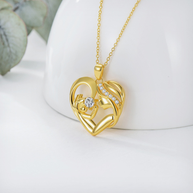 Sterling Silver with Yellow Gold Plated Circular Shaped Cubic Zirconia Mother & Heart Pendant Necklace-3