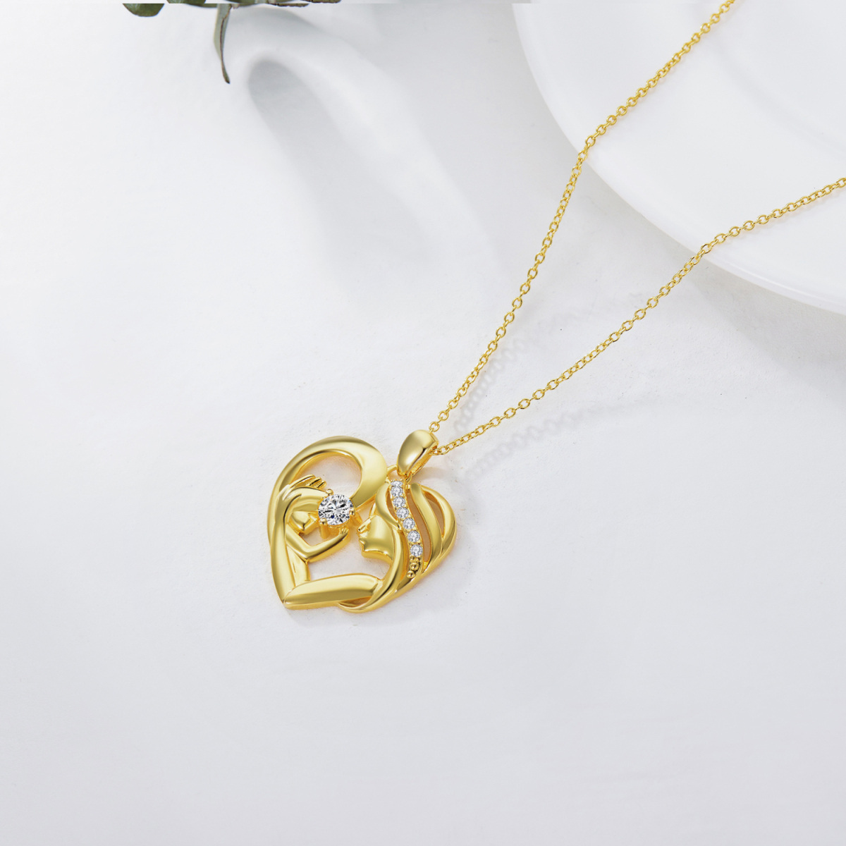 Sterling Silver with Yellow Gold Plated Circular Shaped Cubic Zirconia Mother & Heart Pendant Necklace-4