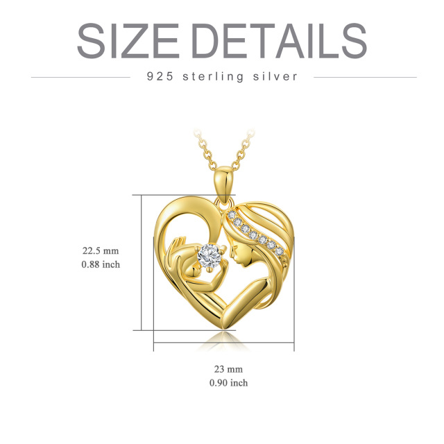 Sterling Silver with Yellow Gold Plated Circular Shaped Cubic Zirconia Mother & Heart Pendant Necklace-5