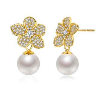 Sterling Silver with Yellow Gold Plated Circular Shaped Pearl Butterfly Drop Earrings-9