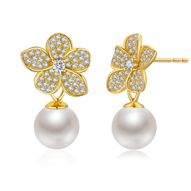 Sterling Silver with Yellow Gold Plated Circular Shaped Pearl Butterfly Drop Earrings-1