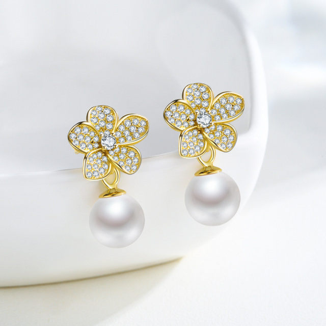 Sterling Silver with Yellow Gold Plated Circular Shaped Pearl Butterfly Drop Earrings-4