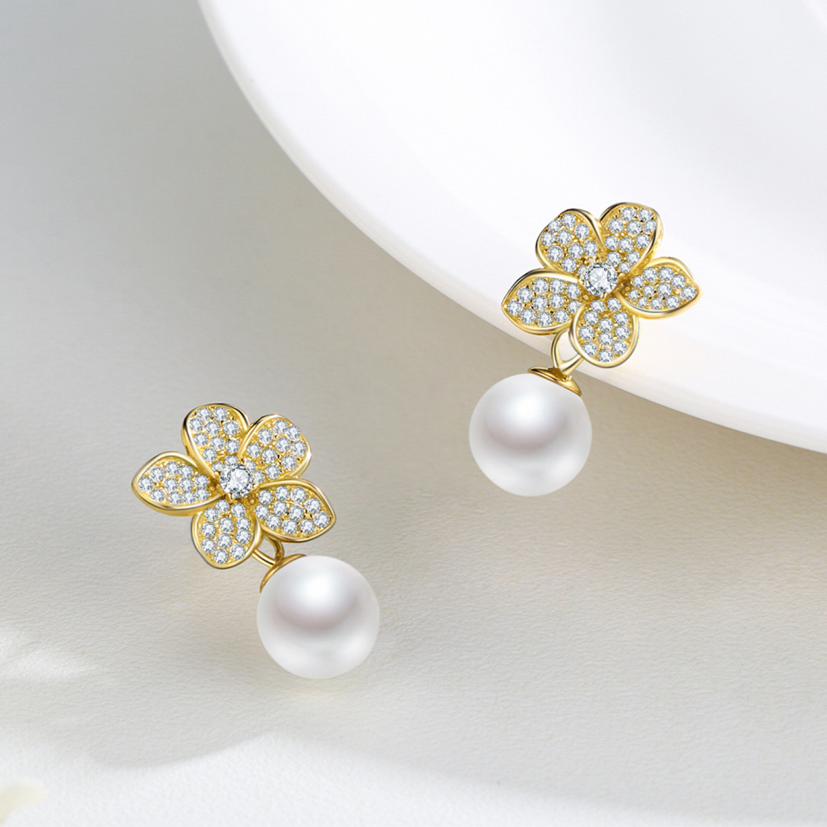 Sterling Silver with Yellow Gold Plated Circular Shaped Pearl Butterfly Drop Earrings-5