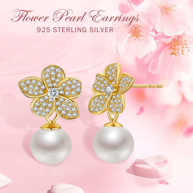 Sterling Silver with Yellow Gold Plated Circular Shaped Pearl Butterfly Drop Earrings-6