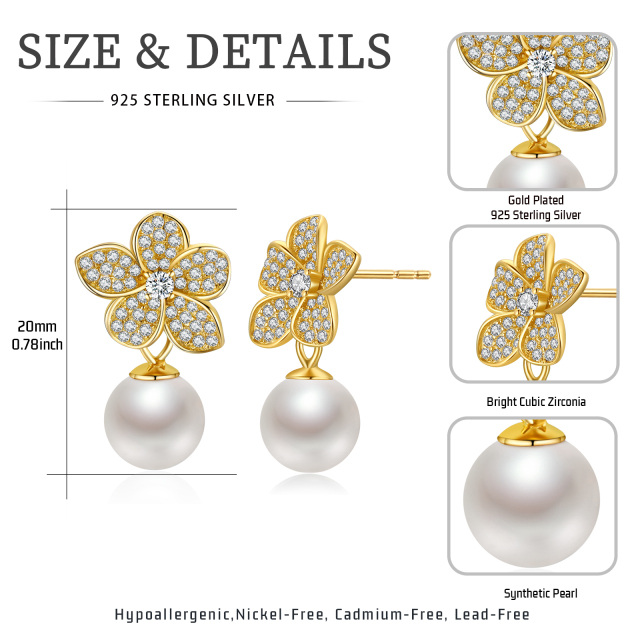 Sterling Silver with Yellow Gold Plated Circular Shaped Pearl Butterfly Drop Earrings-7