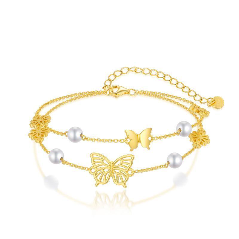 Bracciale a strati in argento sterling con farfalla di perla a forma circolare placcata in oro giallo