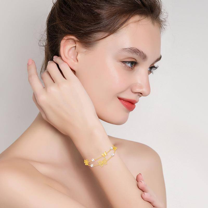 Sterling Silver with Yellow Gold Plated Circular Shaped Pearl Butterfly Layerered Bracelet-2