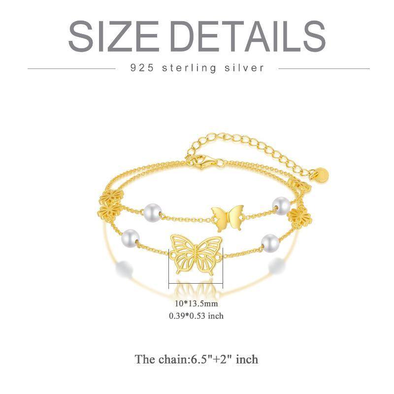 Sterling Silver with Yellow Gold Plated Circular Shaped Pearl Butterfly Layerered Bracelet-5