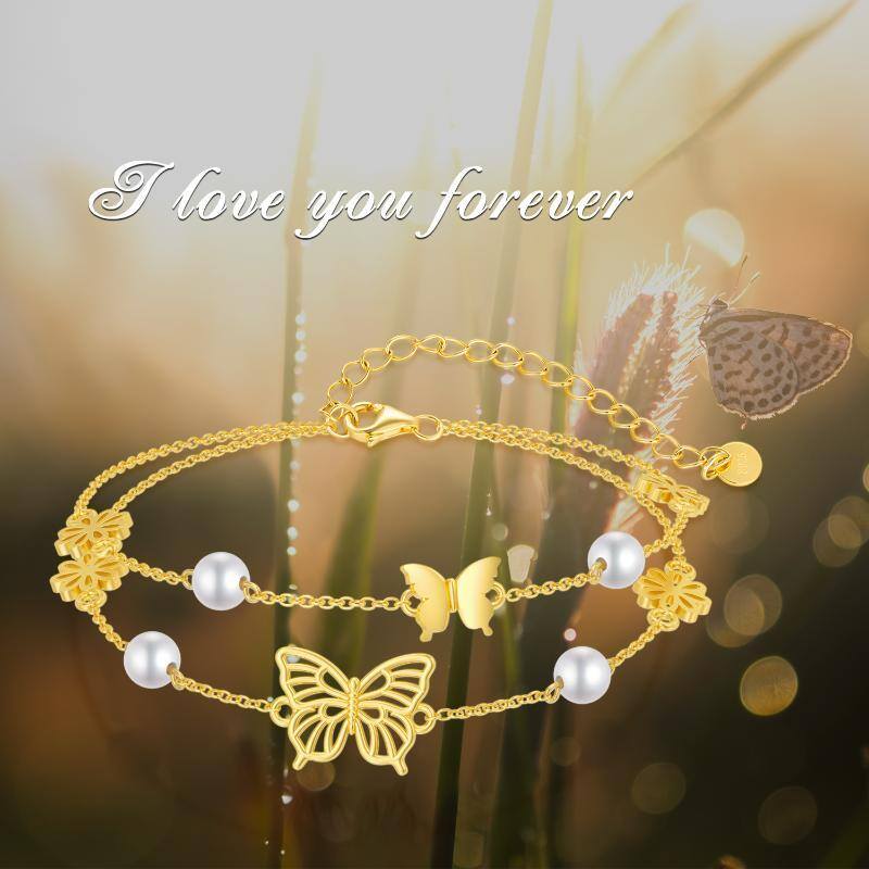 Sterling Silver with Yellow Gold Plated Circular Shaped Pearl Butterfly Layerered Bracelet-6