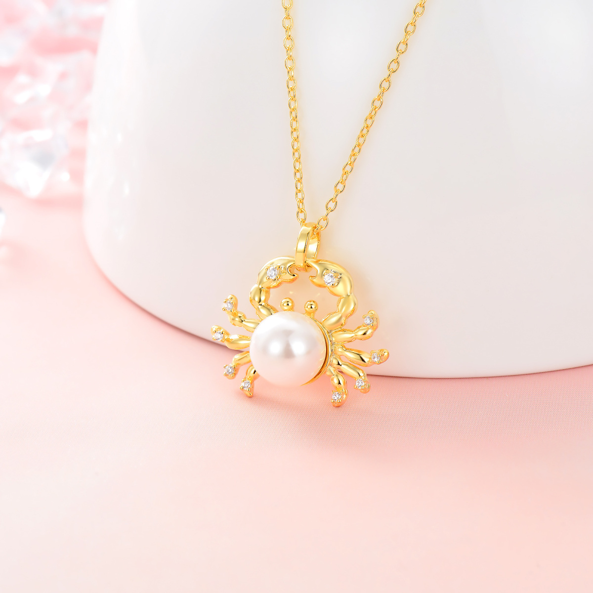 Sterling Silver with Yellow Gold Plated Circular Shaped Pearl Cancer Pendant Necklace-3