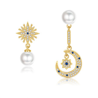 Sterling Silver With Yellow Gold Plated Circular Cubic Zirconia & Pearl Moon With Star Drop Earrings-1