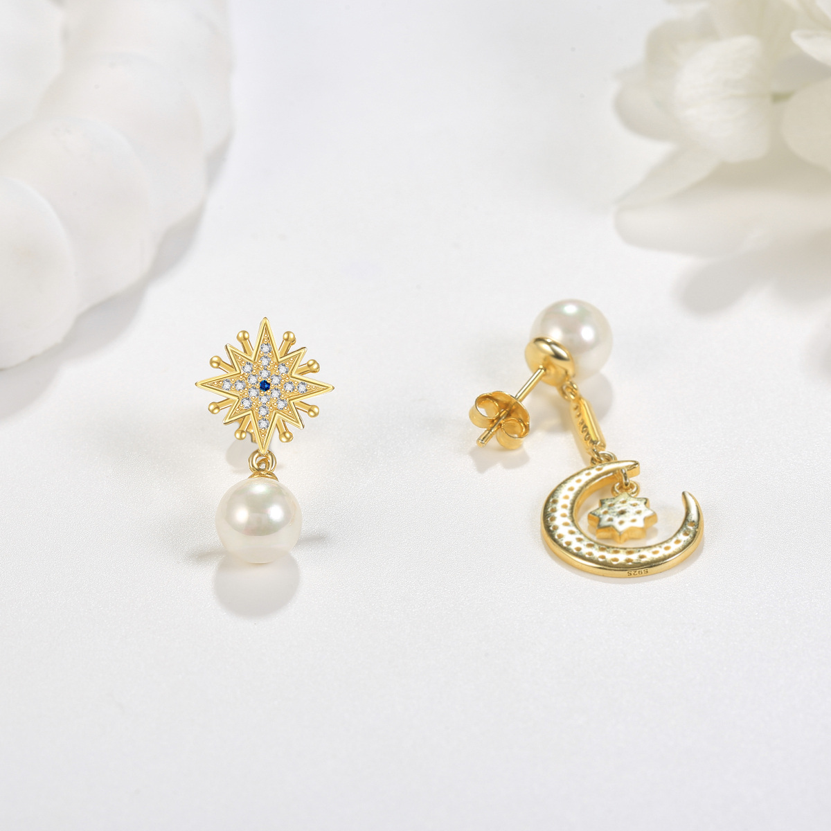 Sterling Silver With Yellow Gold Plated Circular Cubic Zirconia & Pearl Moon With Star Drop Earrings-4