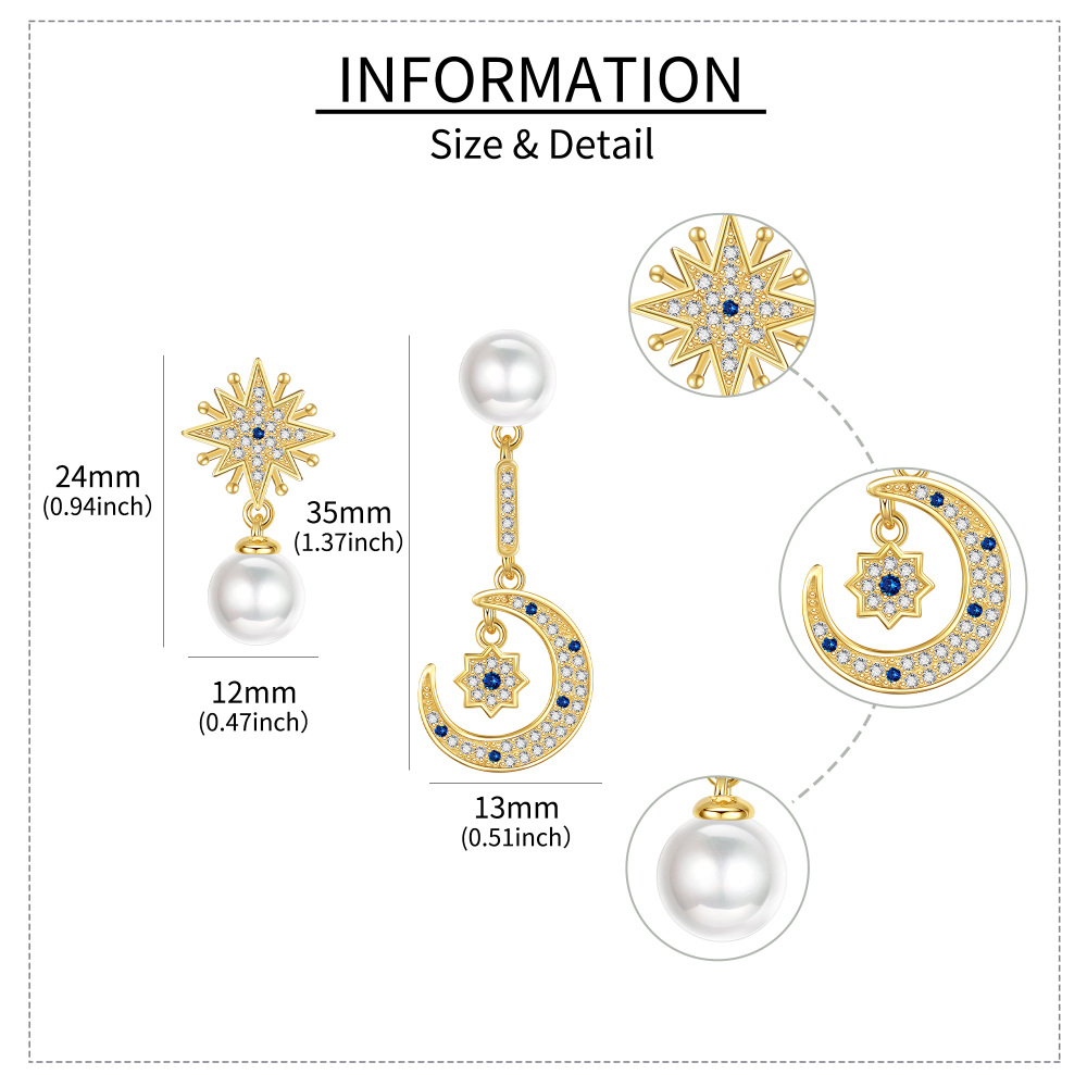 Prata esterlina com zircônia cúbica circular banhada a ouro amarelo e lua de pérola com brincos de estrela-5