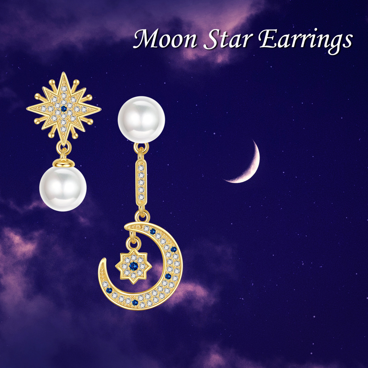 Sterling Silver With Yellow Gold Plated Circular Cubic Zirconia & Pearl Moon With Star Drop Earrings-6