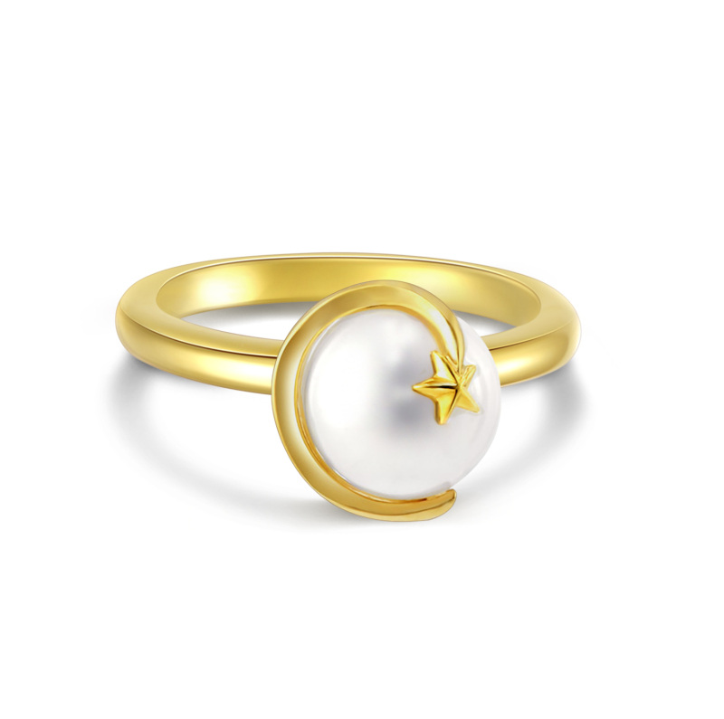 Anillo de plata de ley con estrella de luna y perla circular chapada en oro amarillo