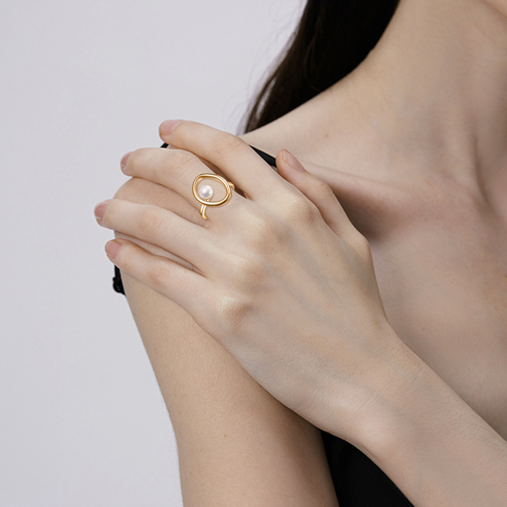 Sterling Silver with Yellow Gold Plated Round Shaped Pearl Ring-2