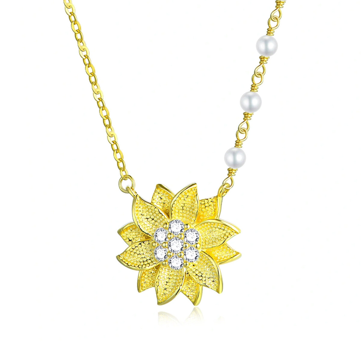 Sterling Silver with Yellow Gold Plated Circular Shaped Cubic Zirconia & Pearl Sunflower Pendant Necklace-1