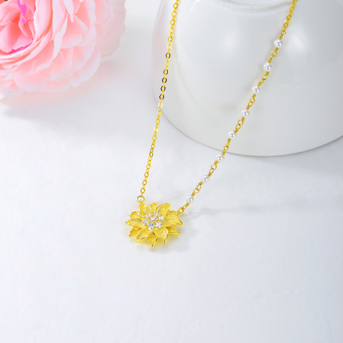 Sterling Silver with Yellow Gold Plated Circular Shaped Cubic Zirconia & Pearl Sunflower Pendant Necklace-3