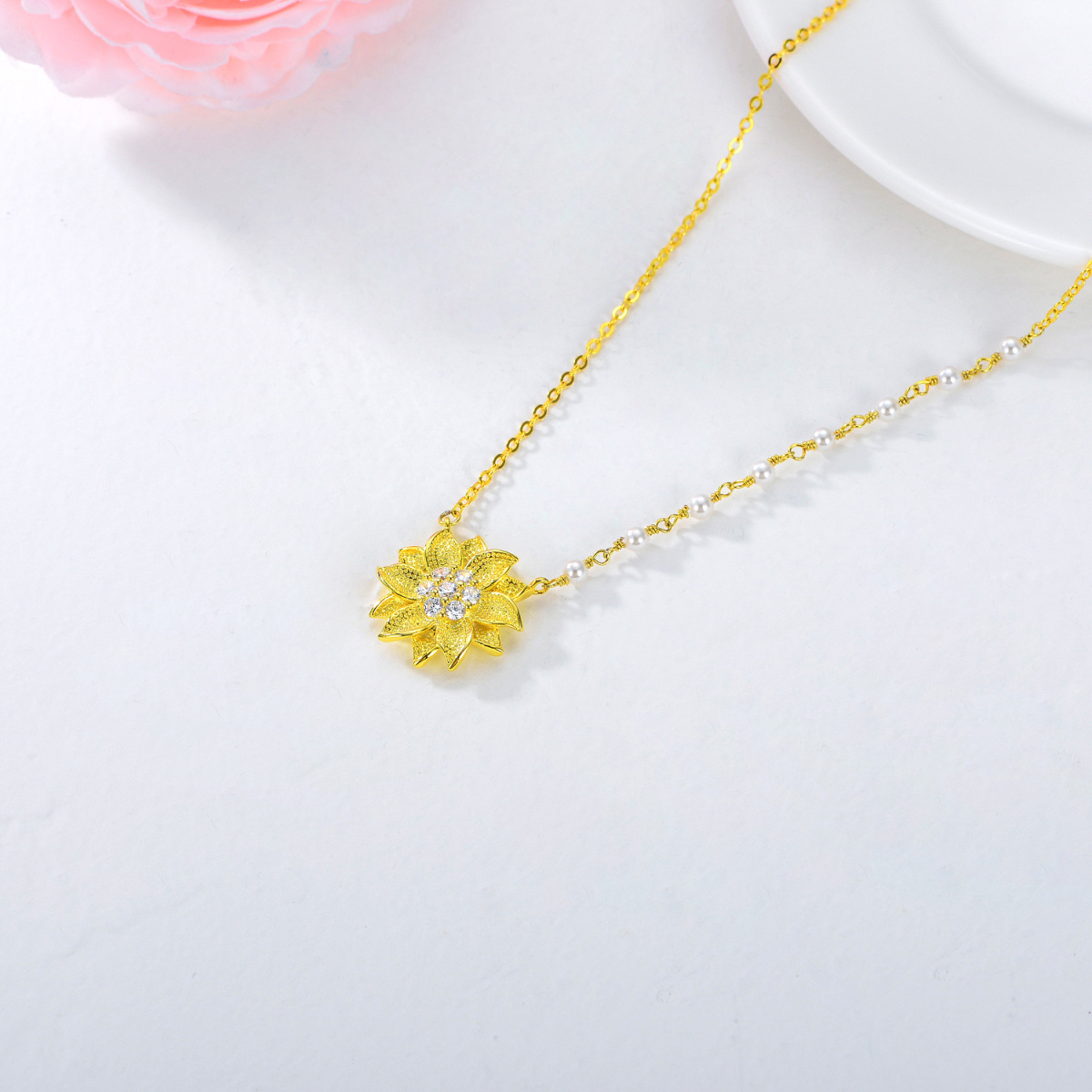 Sterling Silver with Yellow Gold Plated Circular Shaped Cubic Zirconia & Pearl Sunflower Pendant Necklace-4