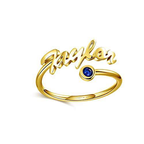 Sterling Silver with Yellow Gold Plated Circular Shaped Cubic Zirconia Personalized Birthstone & Personalized Classic Name Open Ring-1