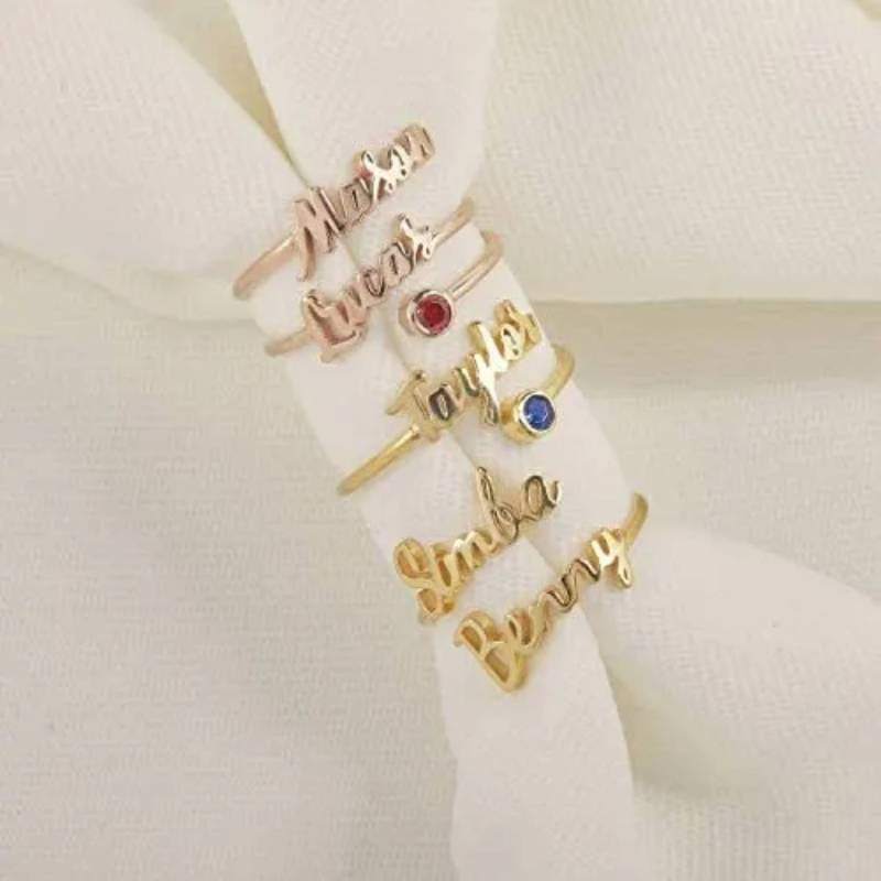 Offener Ring aus Vermeil-Silber mit personalisiertem Geburtsstein und individuellem Namen, zierlicher Ring für Frauen-2