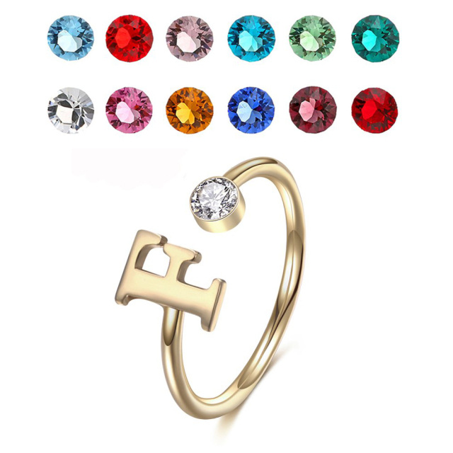 Sterling Silver with Yellow Gold Plated Circular Shaped Cubic Zirconia Personalized Birthstone & Personalized Initial Letter Open Ring-1