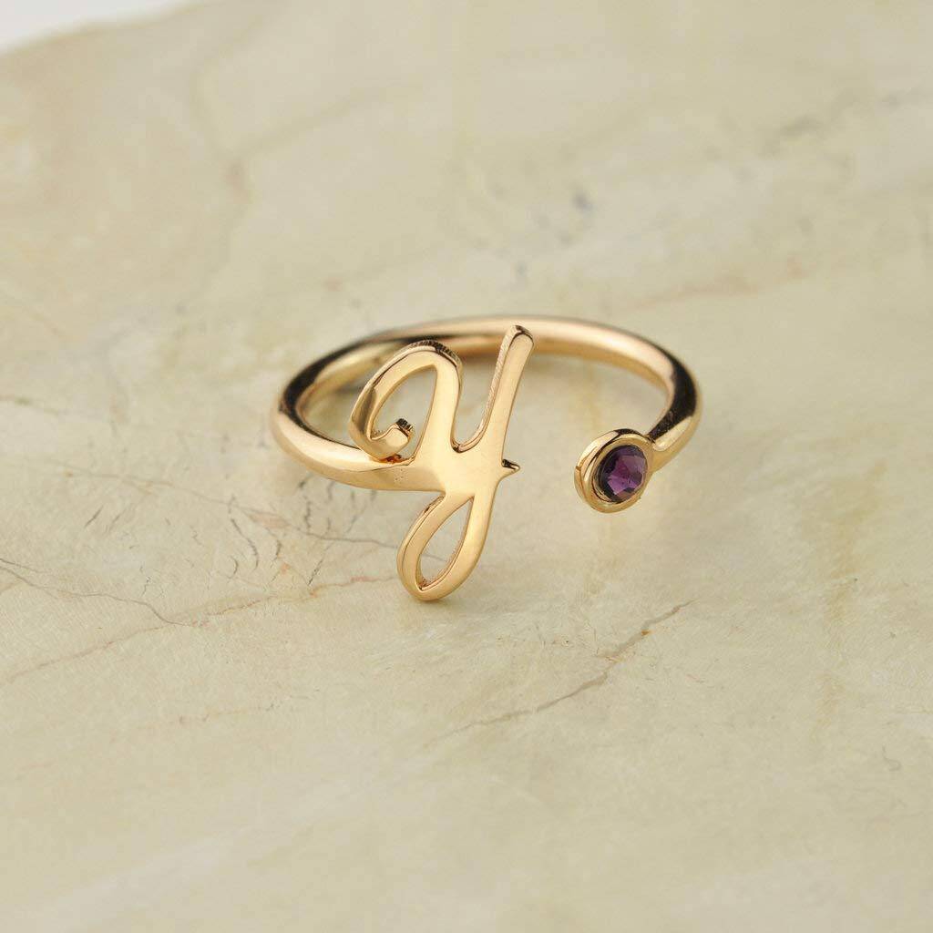 Sterling Silver with Yellow Gold Plated Circular Shaped Cubic Zirconia Personalized Birthstone & Personalized Initial Letter Open Ring-5