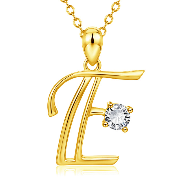 Sterling Silver with Yellow Gold Plated Circular Shaped Cubic Zirconia Personalized Initial Letter Pendant Necklace with Initial Letter E-1