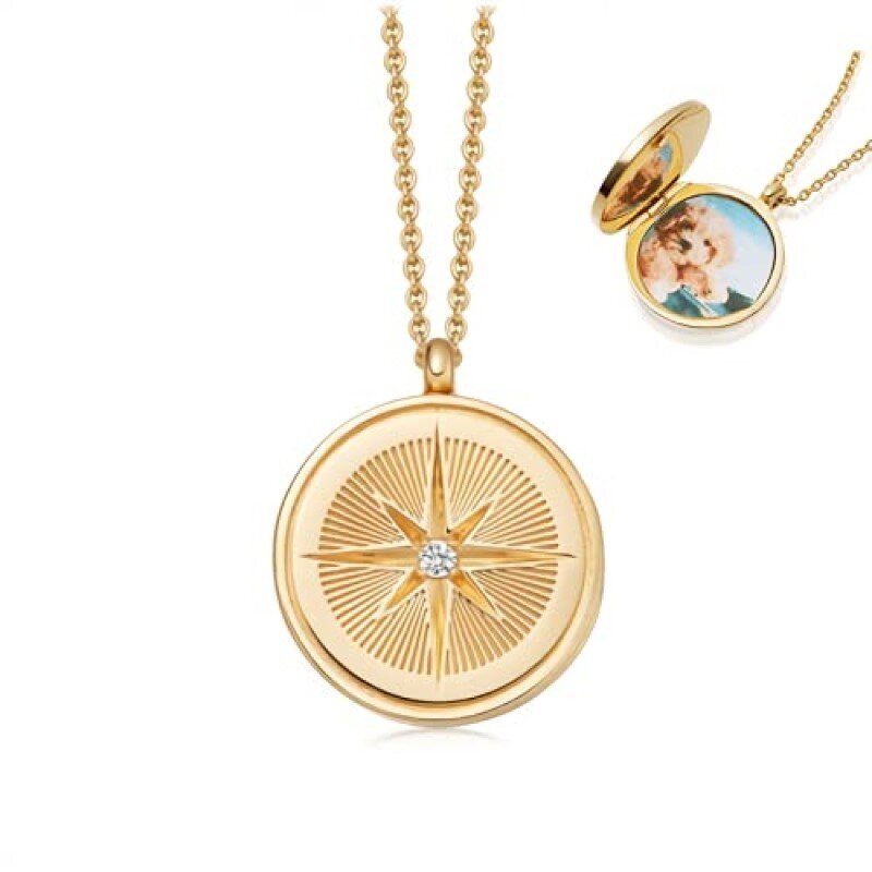 Sterling Silver With Yellow Gold Plated Circular Cubic Zirconia Compass Personalised Photo Locket Necklace For Unisex-1