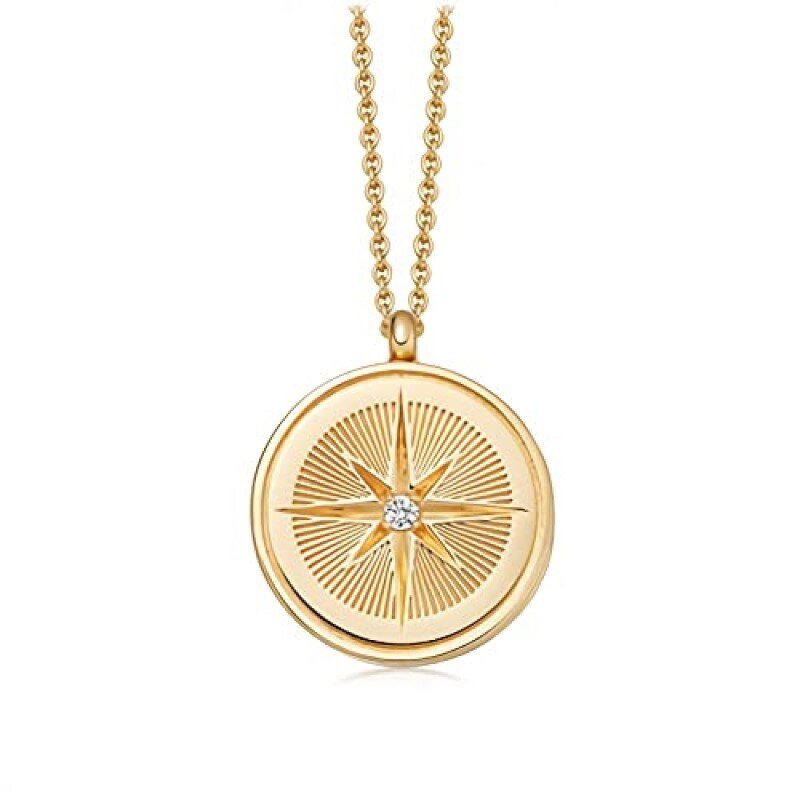 Sterling Silver With Yellow Gold Plated Circular Cubic Zirconia Compass Personalised Photo Locket Necklace For Unisex-3