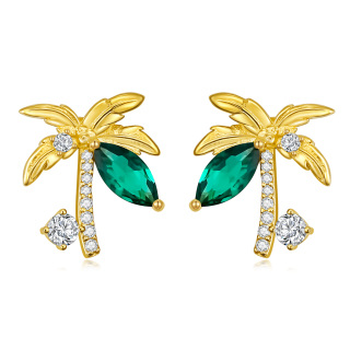 Sterling Silver With Yellow Gold Plated Princess-Square Cubic Zirconia Coconut Tree Stud Earrings For Women-2