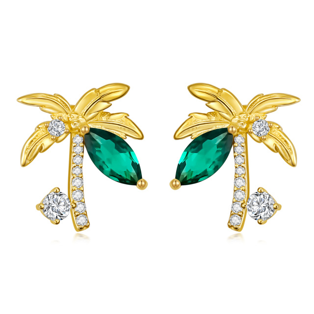 Sterling Silver with Yellow Gold Plated Circular Shaped & Princess-square Shaped Cubic Zirconia Coconut Tree Stud Earrings-1