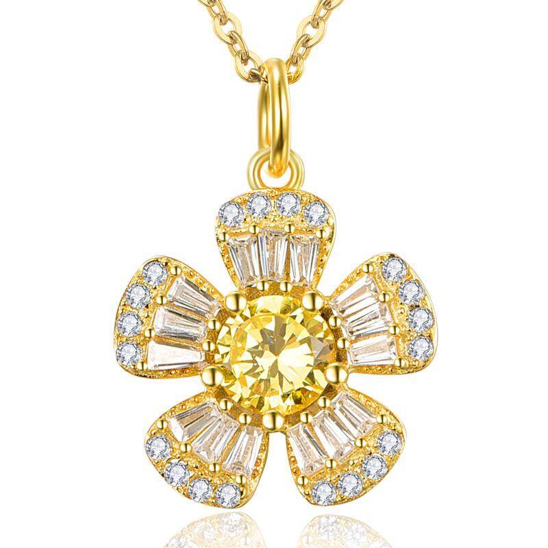 Sterling Silver With Yellow Gold Plated Circular Princess-Square Cubic Zirconia Sunflower Pendant Necklace For Women Best Friends-1