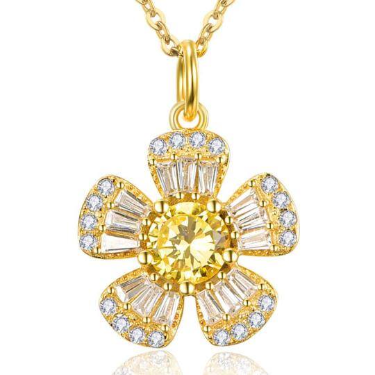 Sterling Silver with Yellow Gold Plated Circular Shaped & Princess-square Shaped Cubic Zirconia Sunflower Pendant Necklace