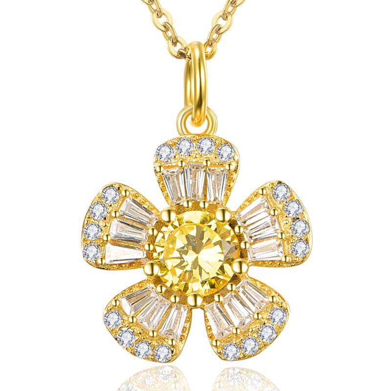 Sterling Silver With Yellow Gold Plated Circular Princess-Square Cubic Zirconia Sunflower Pendant Necklace For Women Best Friends-4
